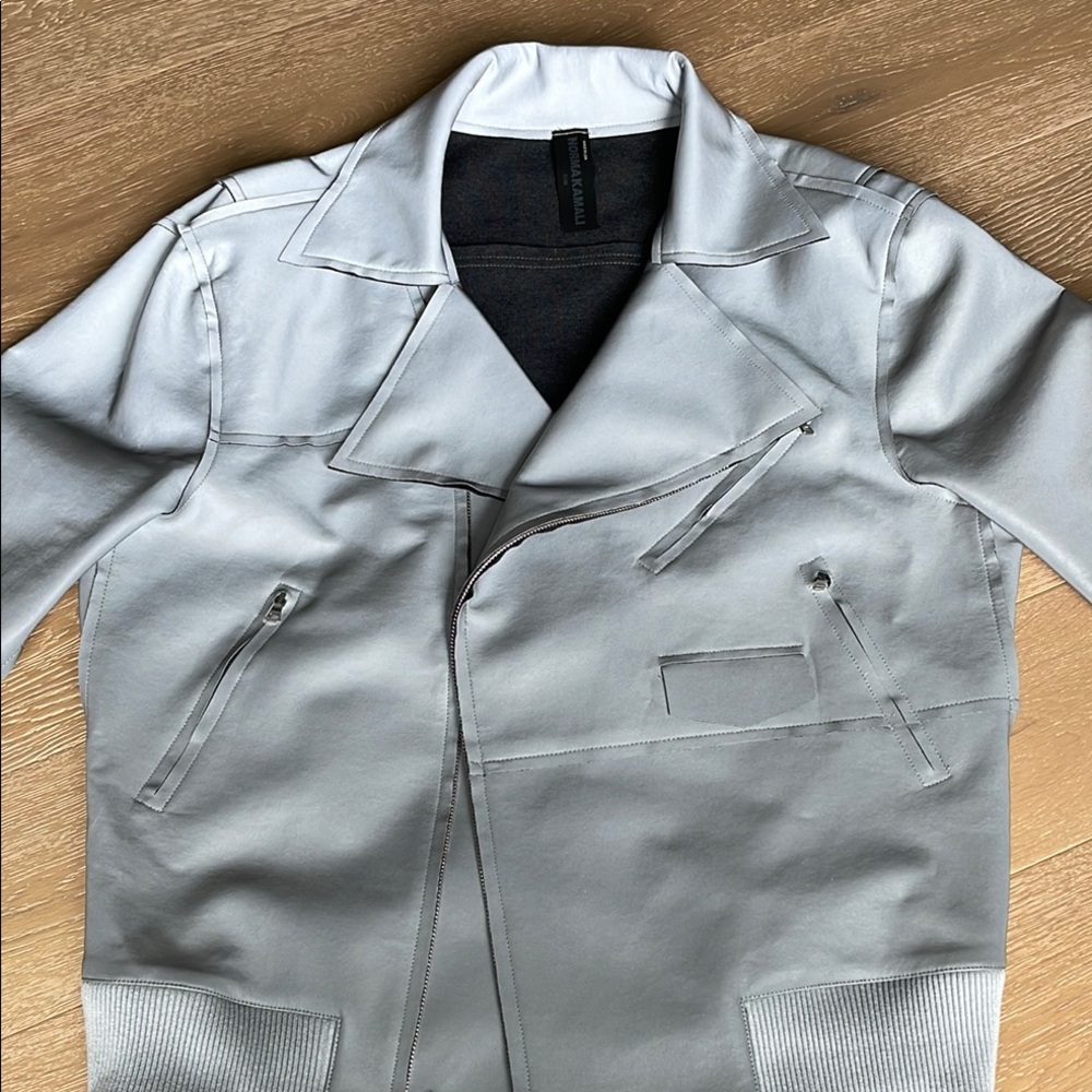 Norma Kamali Reflective Silver Gray Oversized Moto Jacket - Picture 4 of 10